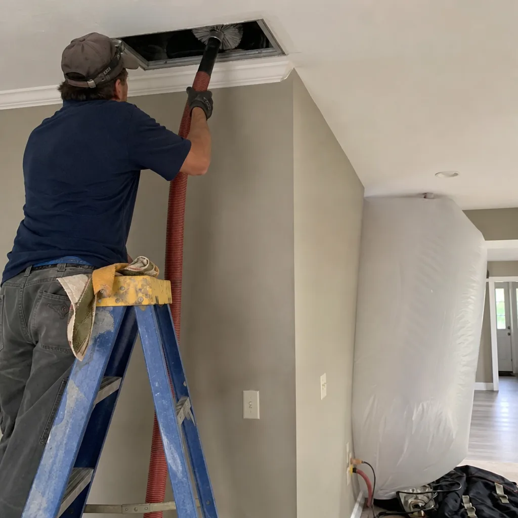 Technician using professional vacuum equipment to clean air duct vent