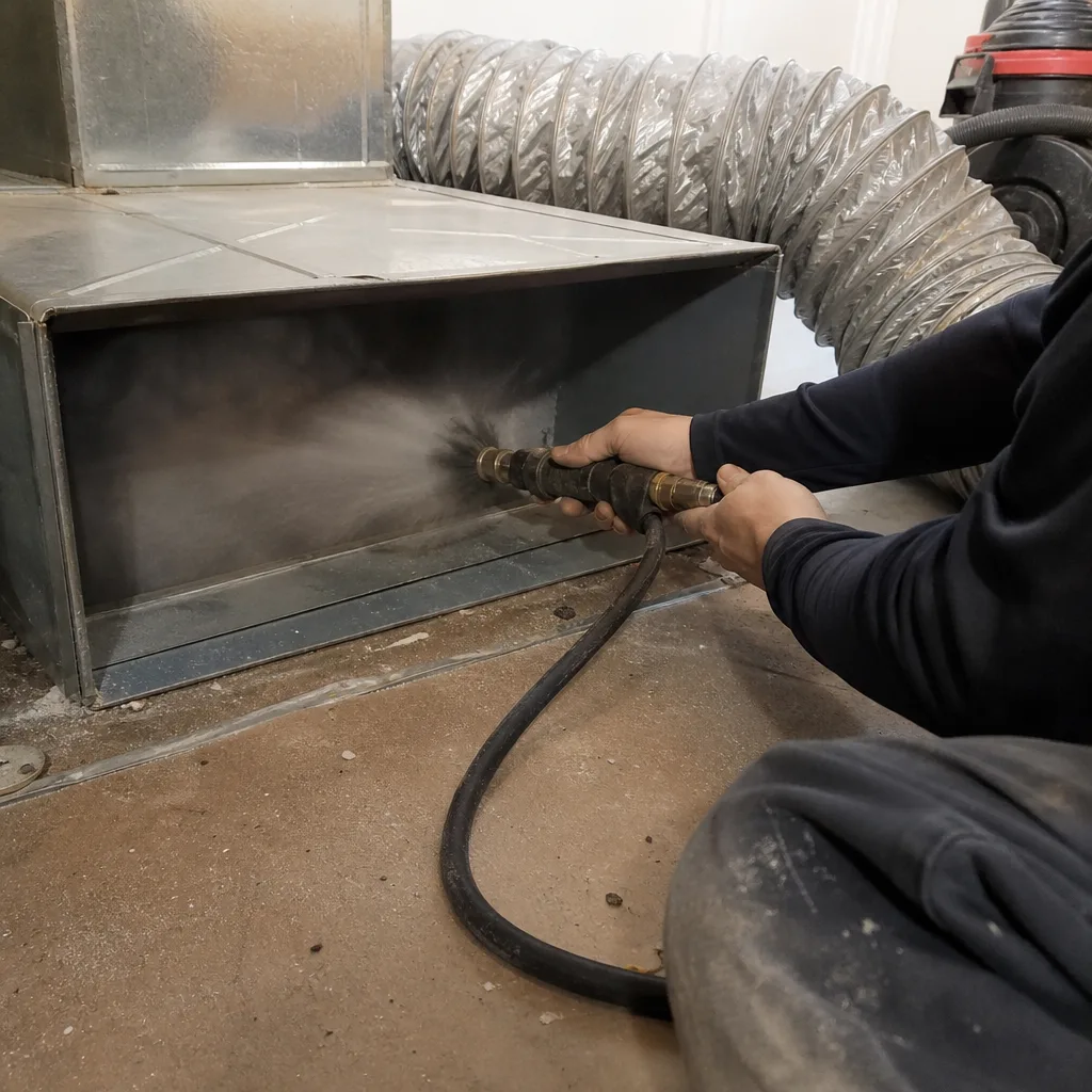 Technician performing professional residential air duct cleaning service with specialized equipment.