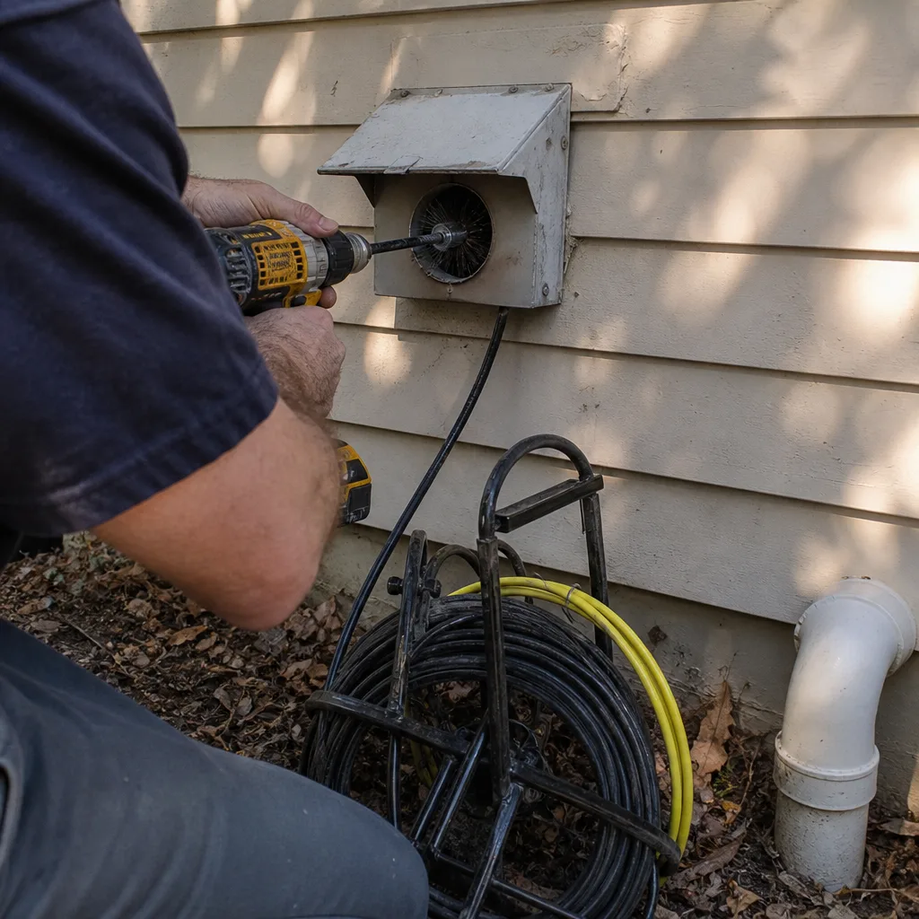 Technician using a rotary brush to perform professional dryer vent cleaning