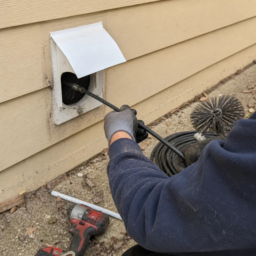 Technician using a rotating brush to clean an exterior dryer vent