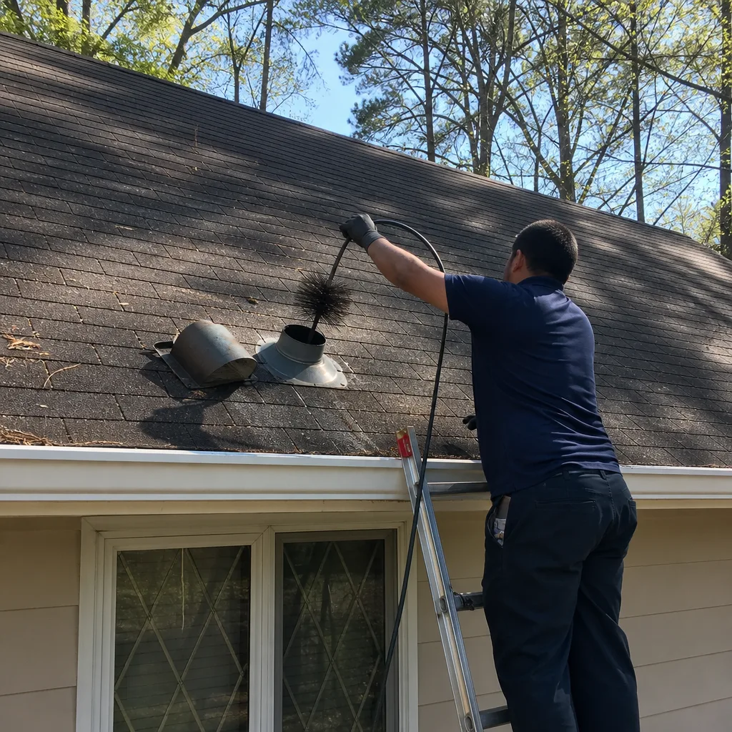Technician performing professional dryer vent cleaning on a residential roof.